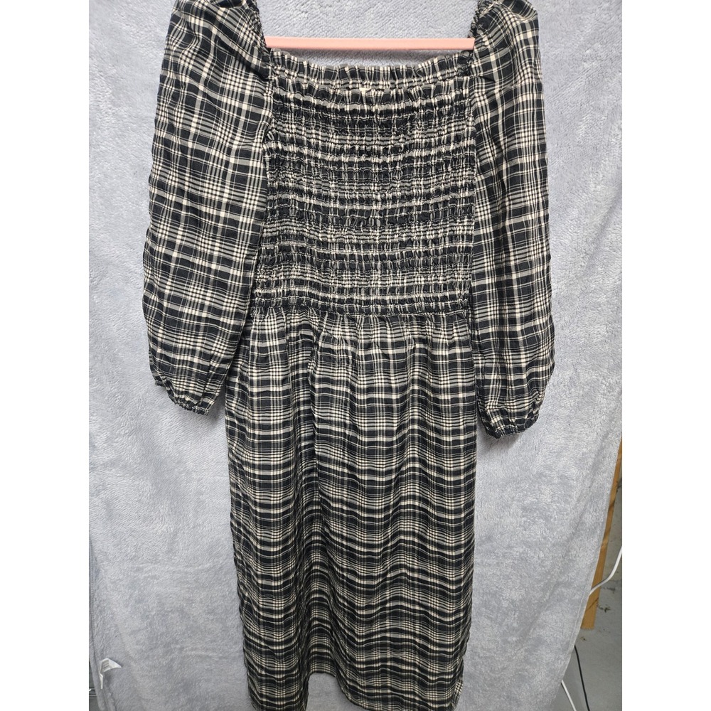 LOFT Outlet Black White Plaid Smocked Midi Dress Square Neck Long Sleeve Medium